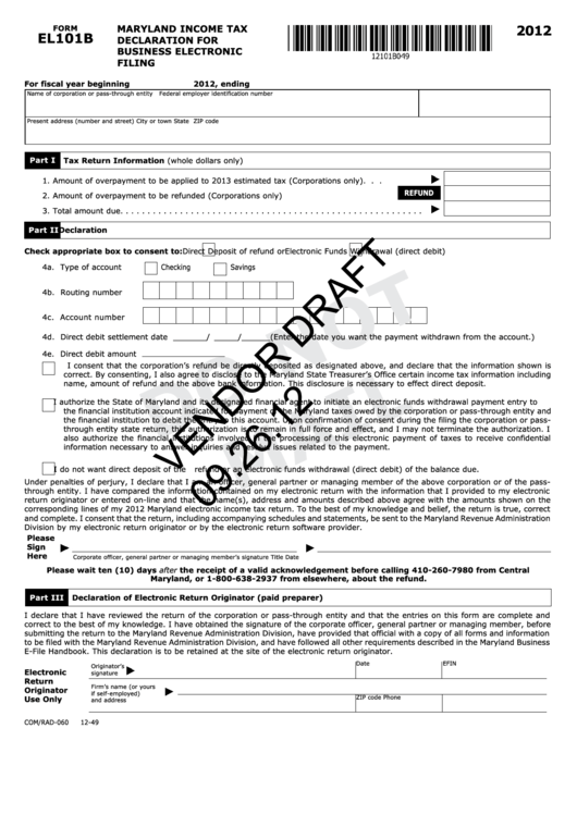 Form El101b Draft - Maryland Income Tax Declaration For Business Electronic Filing - 2012 Printable pdf