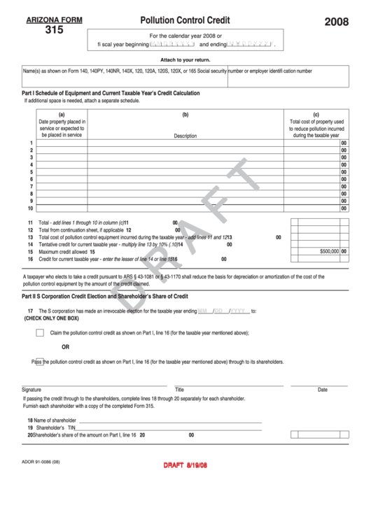 Arizona Form 315 Draft - Pollution Control Credit - 2008 Printable pdf