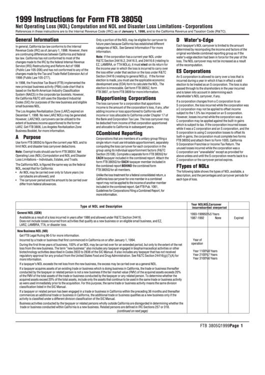 Instructions For Form Ftb 3805q - Net Operating Loss (Nol) Computation And Nol And Disaster Loss Limitations - Corporations - 1999 Printable pdf