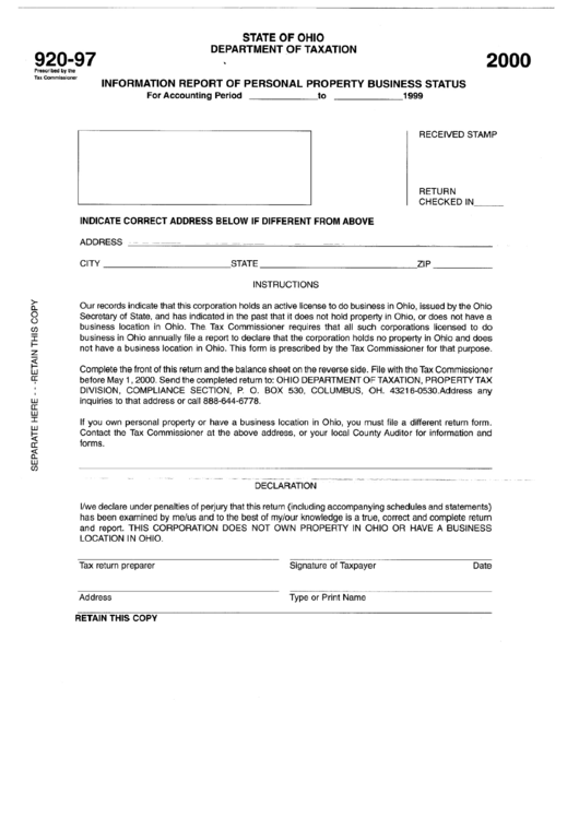 Form 920-97 - Information Report Of Personal Property Business Status - Ohio Department Of Taxation, 2000 Printable pdf