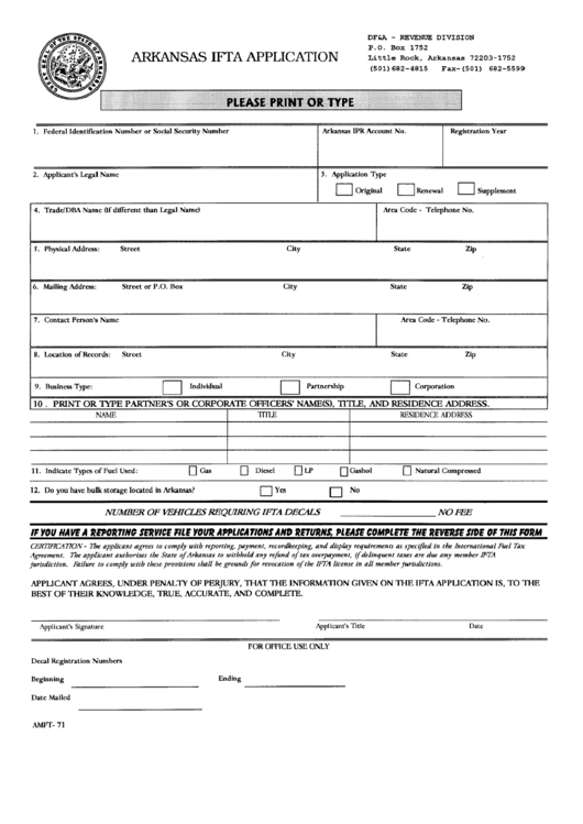 Fillable Form Amft-71 - Arkansas Ifta Application Form Printable pdf