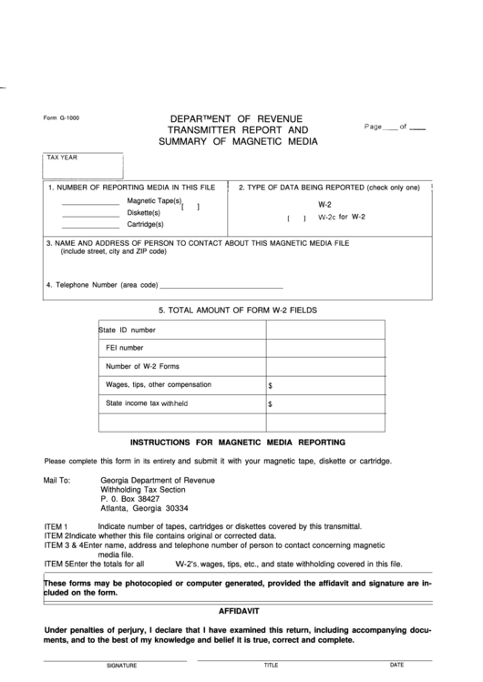 Fillable Form G-1000 - Transmitter Report And Summary Of Magnetic Media - Georgia Department Of Revenue Printable pdf
