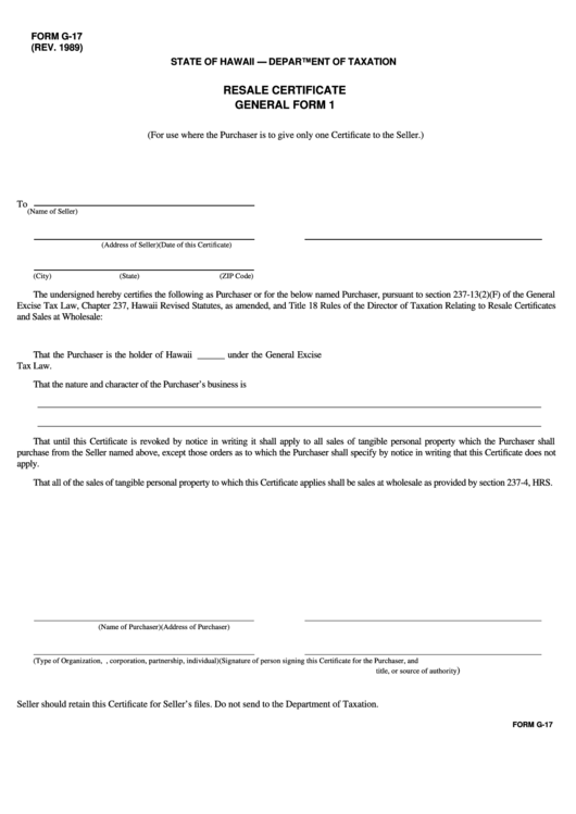 Fillable Form G-17 - Resale Certificate General Form 1 - 1989 Printable pdf