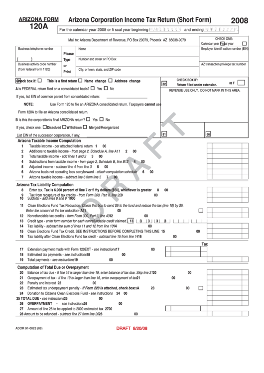 Arizona Form 120a Draft - Arizona Corporation Income Tax Return (Short Form) - 2008 Printable pdf