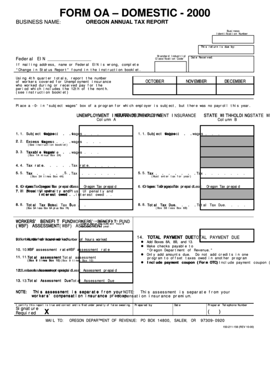 Form Oa - Domestic Oregon Annual Tax Report - 2000 Printable pdf
