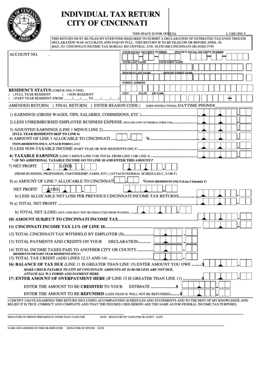 Individual Tax Return City Of Cincinnati, Ohio printable pdf download