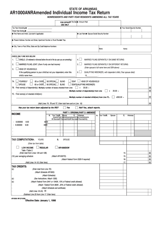 Fillable Form Ar1000anr - Amended Individual Income Tax Return - 1998 Printable pdf