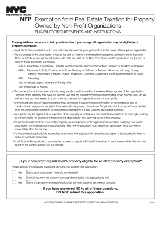 Exemption From Real Estate Taxation For Property Owned By Non-Profit Organizations Eligibility Requirements And Instructions - Nyc Department Of Finance Printable pdf