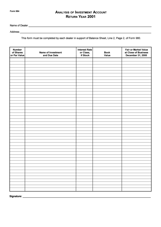 Form 984 - Analysis Of Investment Account Return Year 2001 Printable pdf