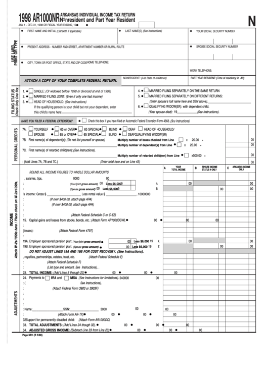 Fillable Form Ar1000nr (N) - Arkansas Individual Income Tax Return Nonresident And Part Year Resident - 1998 Printable pdf