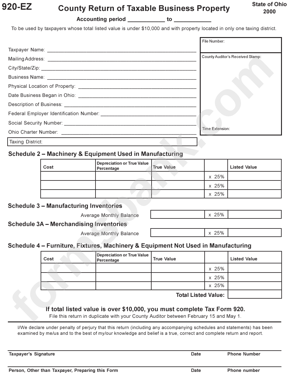 Form 920-Ez - County Return Of Taxable Business Property - 2000