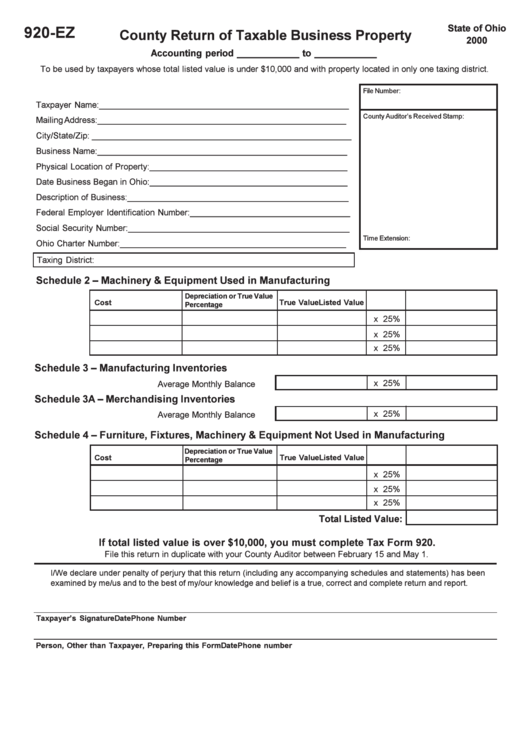Form 920-Ez - County Return Of Taxable Business Property - 2000 Printable pdf