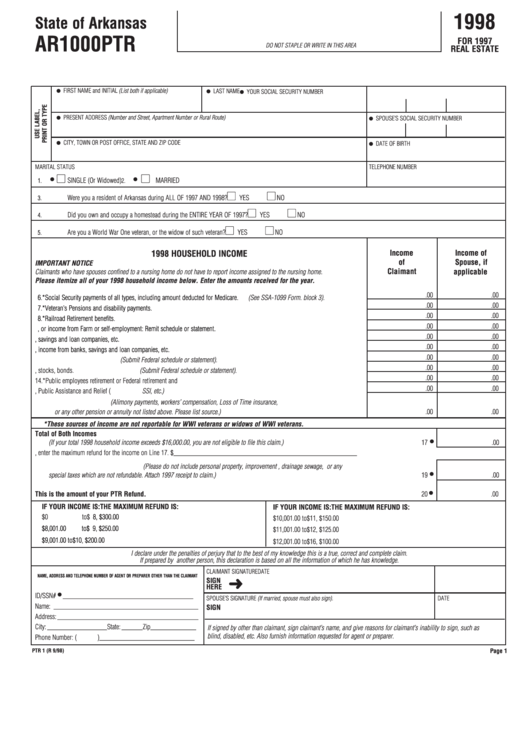 Fillable Form Ar1000ptr - Homestead Property Tax Refund Claim - 1998 Printable pdf