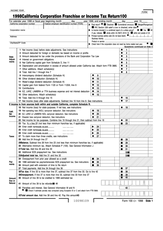 Fillable Form 100 - California Corporation Franchise Or Income Tax Return - 1998 Printable pdf
