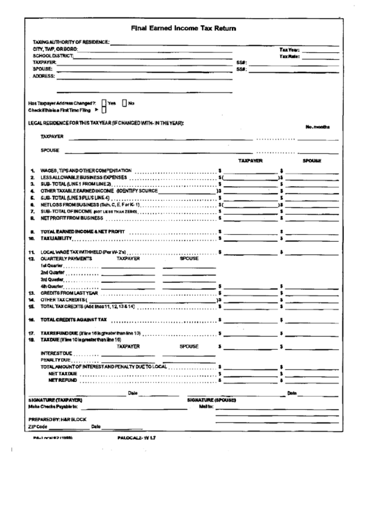 Final Earned Income Tax Return Printable pdf