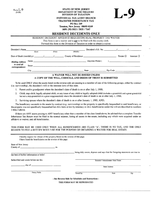 Form L-9 - Resident Decedent Affidavit Requesting Real Property Tax Waiver Printable pdf