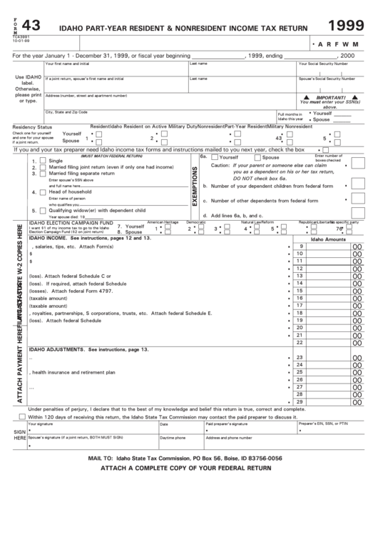 Form 43 - Idaho Part-Year Resident & Nonresident Income Tax Return - 1999 Printable pdf