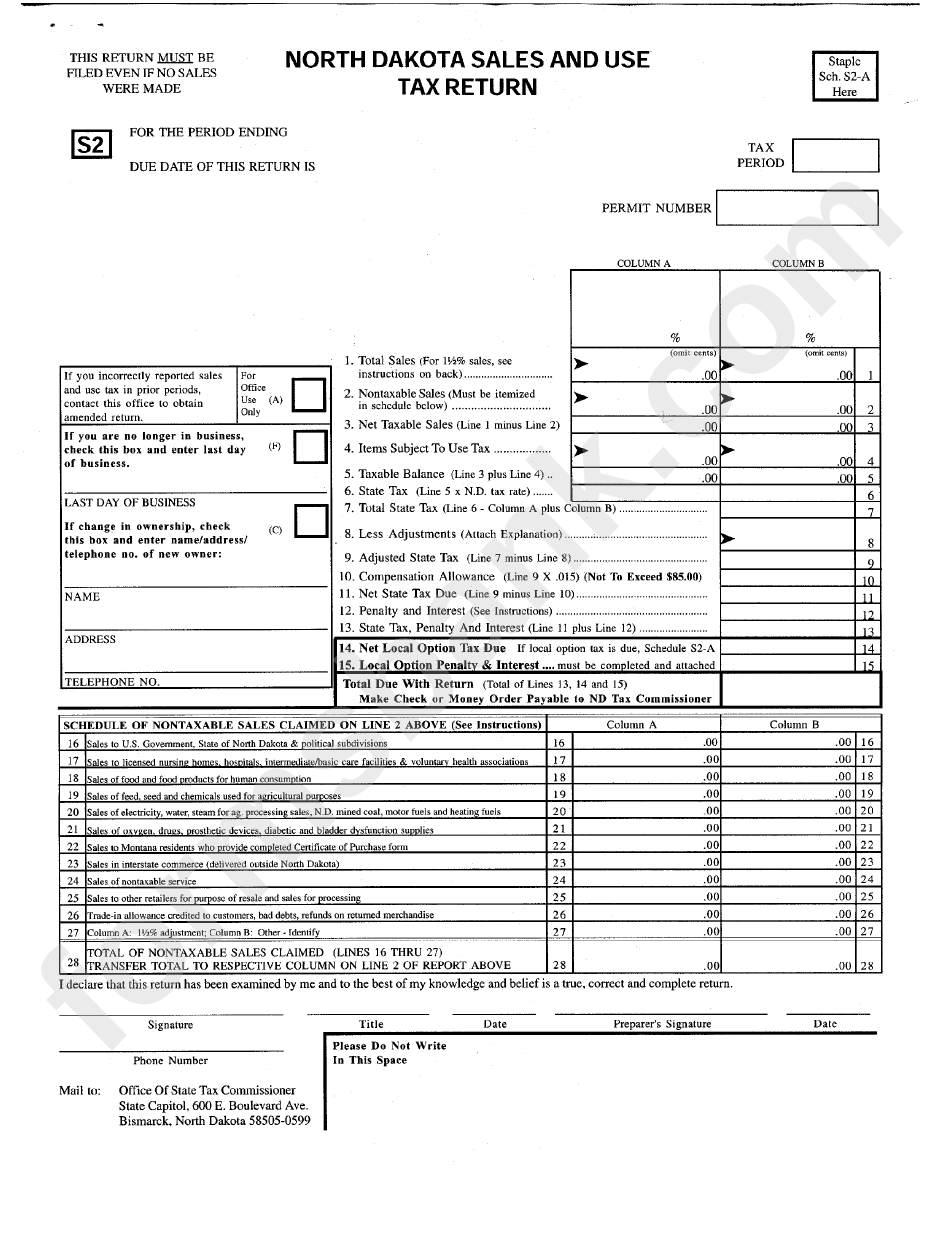 Form S2 - North Dakota Sales And Use Tax Return