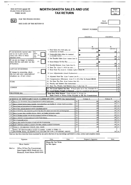 Form S2 - North Dakota Sales And Use Tax Return Printable pdf