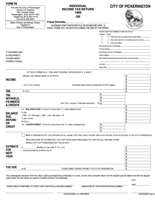 Form R2 - Individual City Of Pickerington Income Tax Return - 1999 Printable pdf