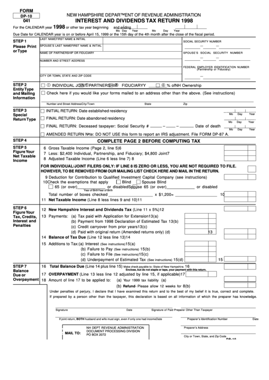 Fillable Form Dp-10 - Interest And Dividends Tax Return 1998 Printable pdf