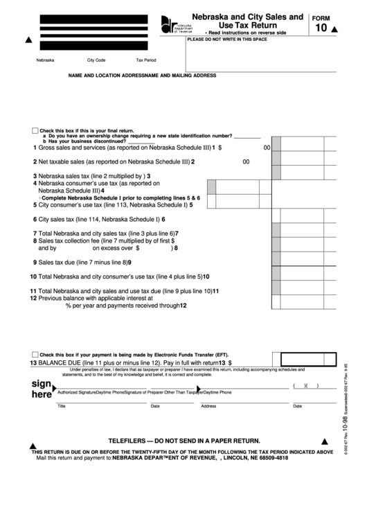 Fillable Form 10 - Nebraska And City Sales And Use Tax Return Printable pdf