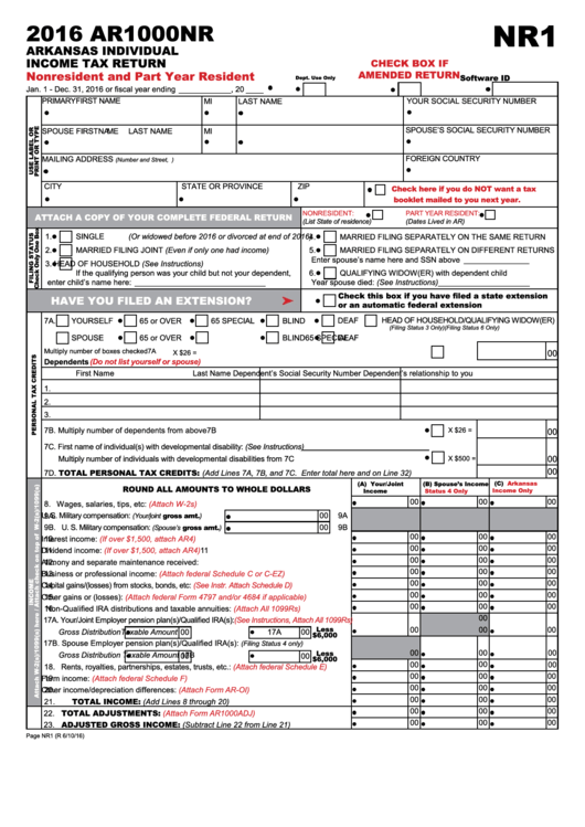 Form Ar1000nr - Arkansas Individual Income Tax Return - 2016 Printable pdf