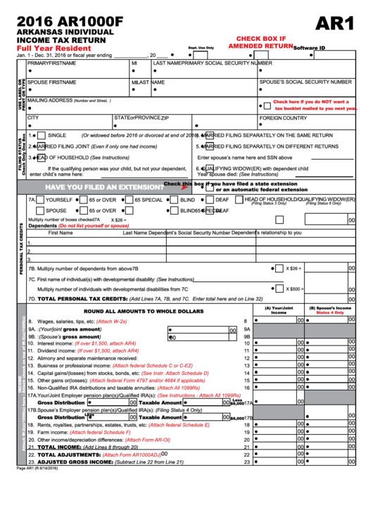 Form Ar1000f - Arkansas Individual Income Tax Return - 2016 Printable pdf