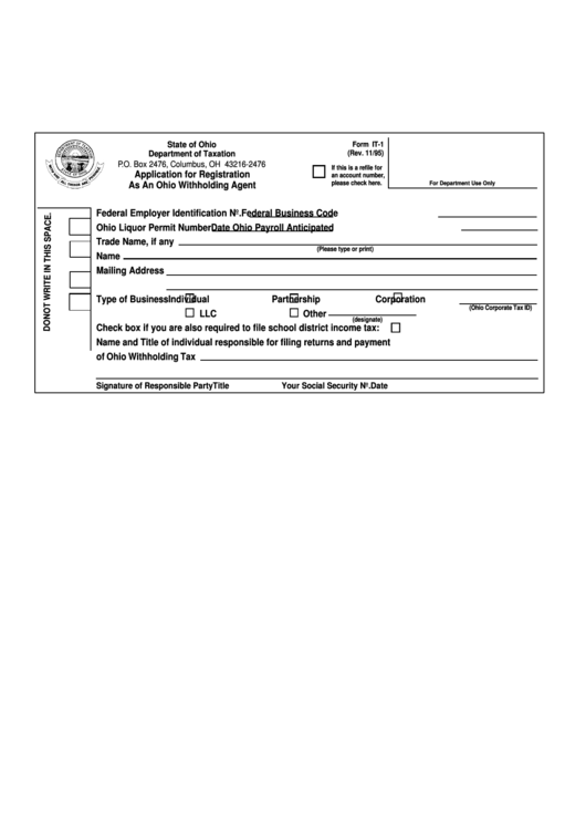 Fillable Form It-1 - Application For Registration As An Ohio Withholding Agent Printable pdf