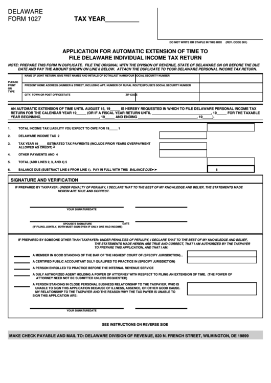 Fillable Form 1027 - Application For Automatic Extension Of Time To File Delaware Individual Income Tax Return Printable pdf