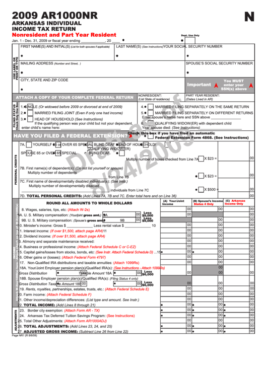 Fillable Form Ar1000nr Draft - Arkansas Individual Income Tax Return Nonresident And Part Year Resident - 2009 Printable pdf