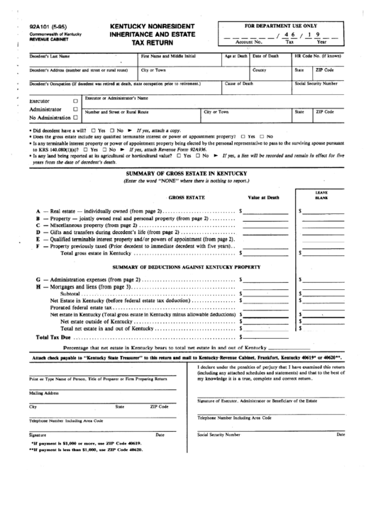 Form 92a101 - Kentucky Nonresident Inheritance And Estate Tax Return Printable pdf