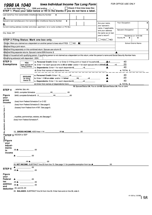 Fillable Form Ia 1040 - Iowa Individual Income Tax Long Form - 1998 Printable pdf
