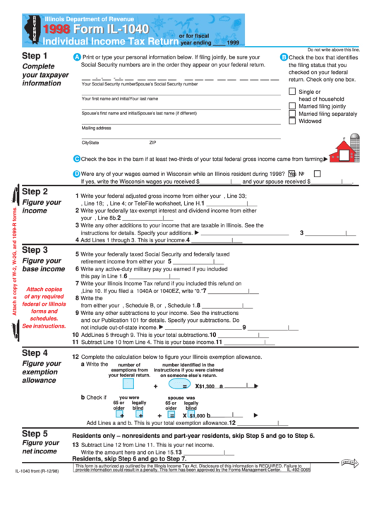 Fillable Form Il-1040 - Individual Income Tax Return - 1998 Printable pdf
