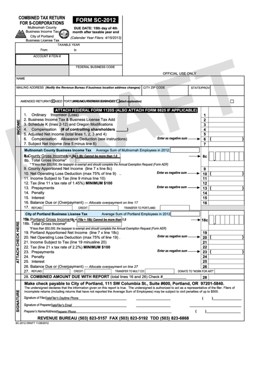 Form Sc-2012 Draft - Combined Tax Return For S-Corporations - City Of Portland Business License Tax Printable pdf