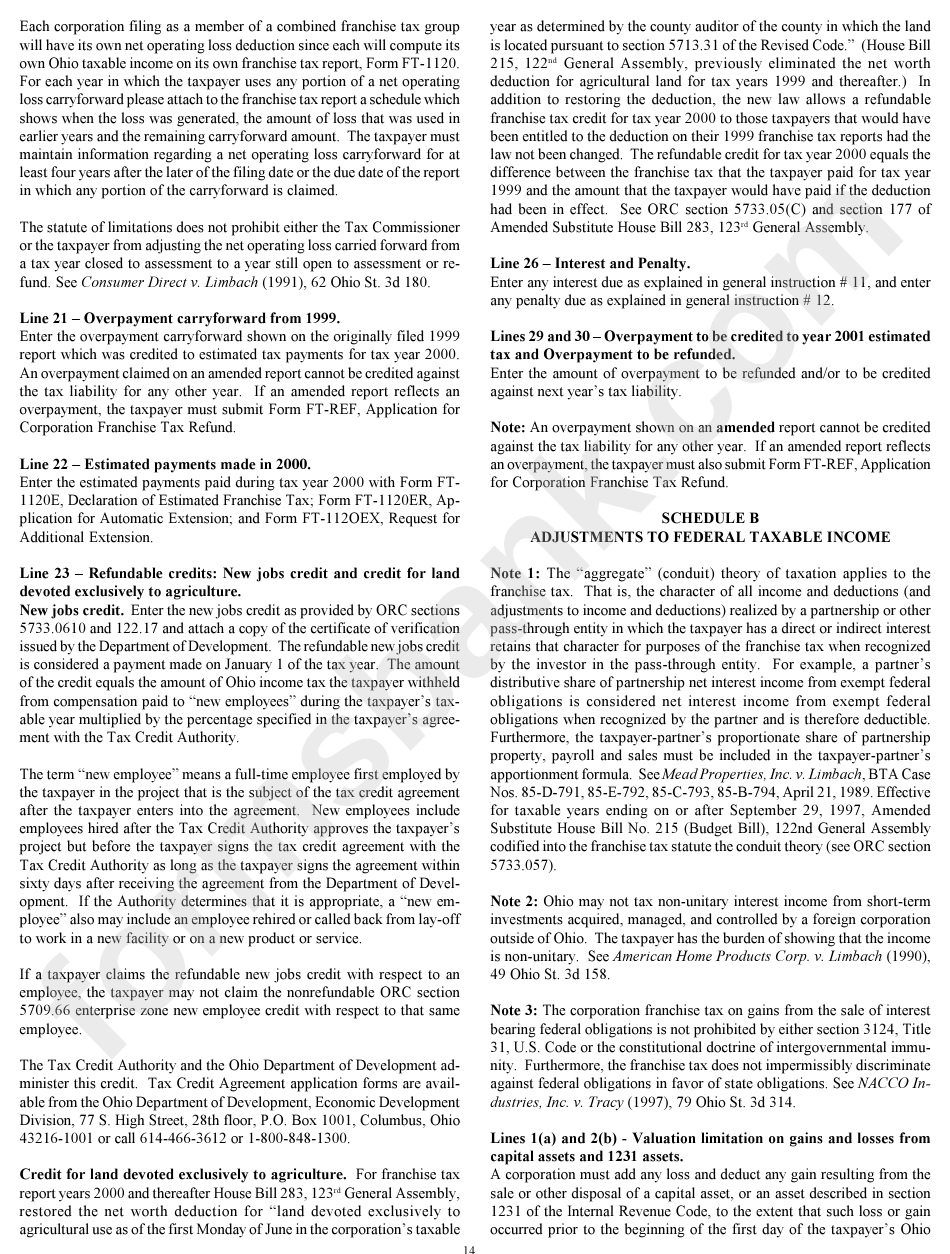 Ohio Corporation Franchise Tax Report Instructions - 2000