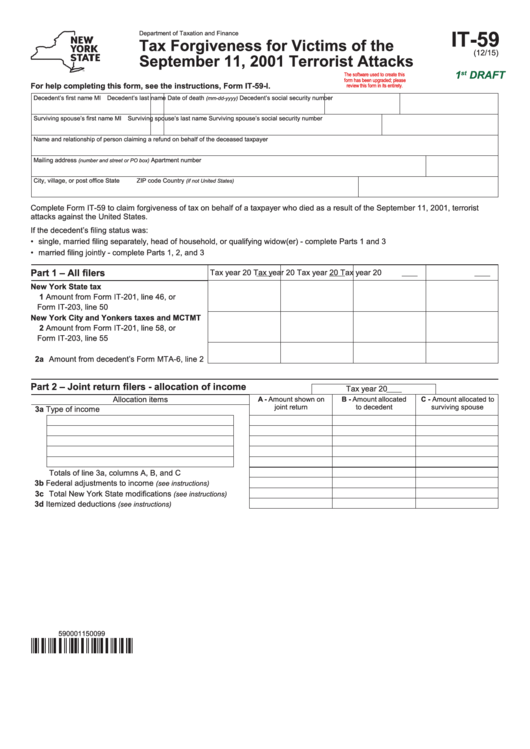 Form It-59 Draft - Tax Forgiveness For Victims Of The September 11, 2001 Terrorist Attacks Printable pdf