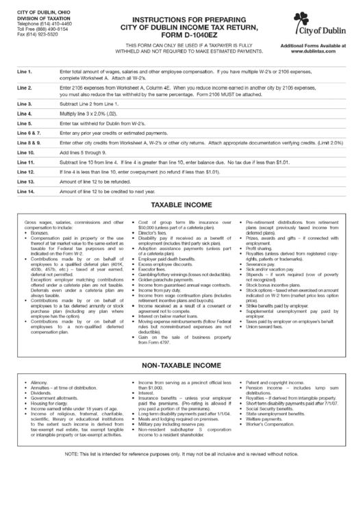 Instructions For Preparing City Of Dublin Income Tax Return, Form D-1040ez Printable pdf