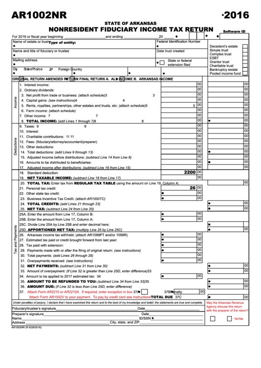 Form Ar1002nr - Nonresident Fiduciary Income Tax Return - 2016 Printable pdf
