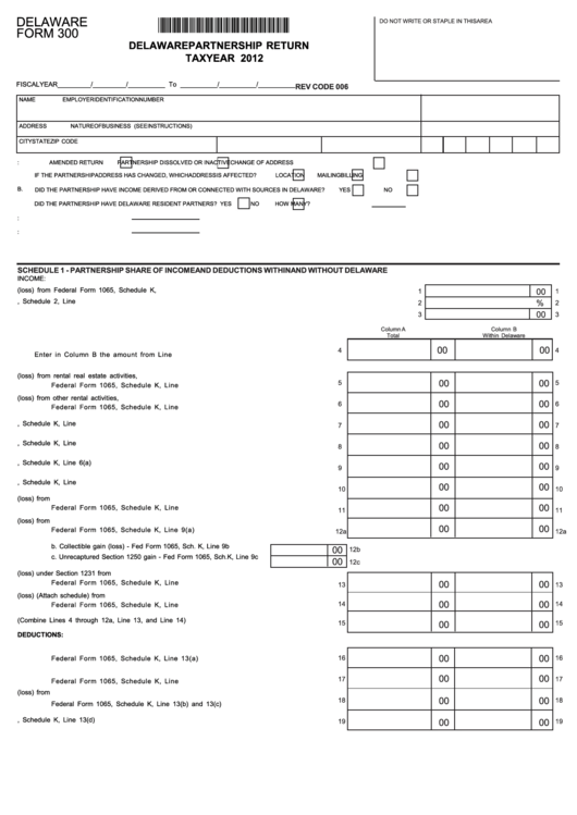 Delaware Form 300 - Delaware Partnership Return - 2012 Printable pdf