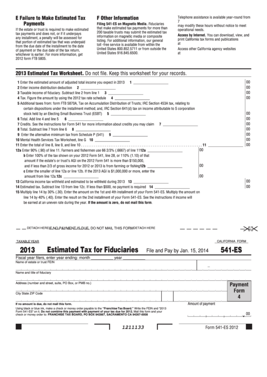 California Form 541-Es - Estimated Tax For Fiduciaries - 2013 Printable pdf