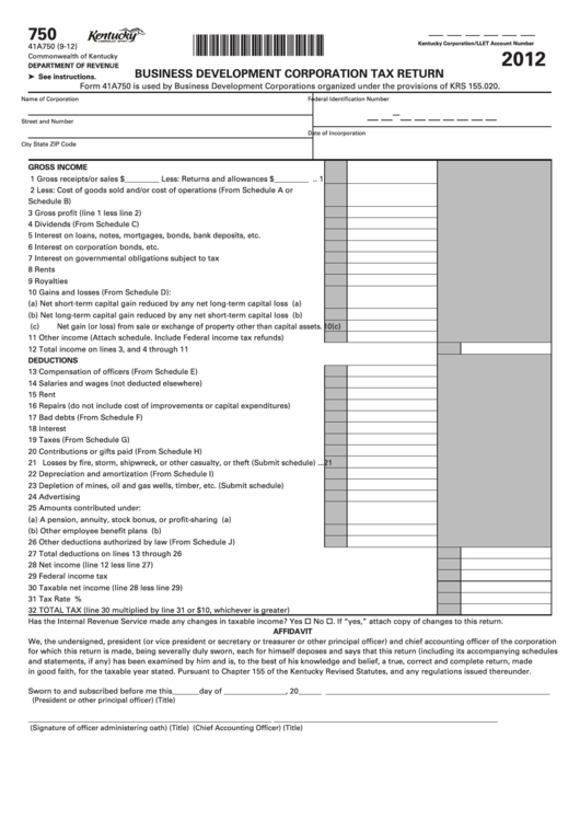 Form 41a750 - Business Development Corporation Tax Return - 2012 Printable pdf