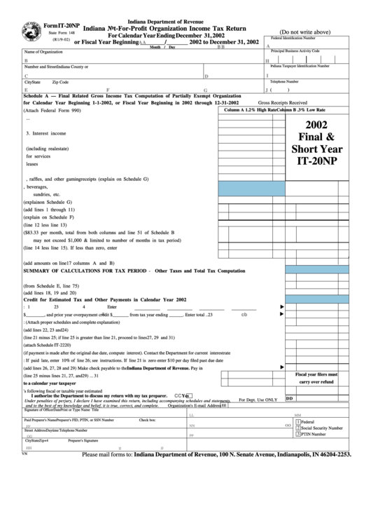 Form It-20np (State Form 148) - Indiana Not-For-Profit Organization Income Tax Return - 2002 Printable pdf
