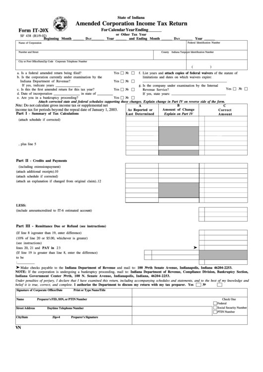 Form It-20x - Amended Corporation Income Tax Return - 2002 Printable pdf