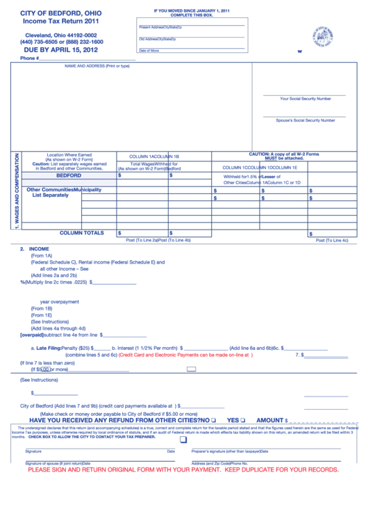 Income Tax Return - City Of Bedford - 2011 Printable pdf