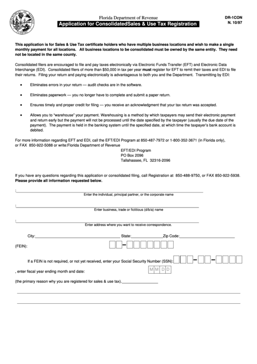 Fillable Form Dr-1con - Application For Consolidated Sales And Use Tax Registration Printable pdf
