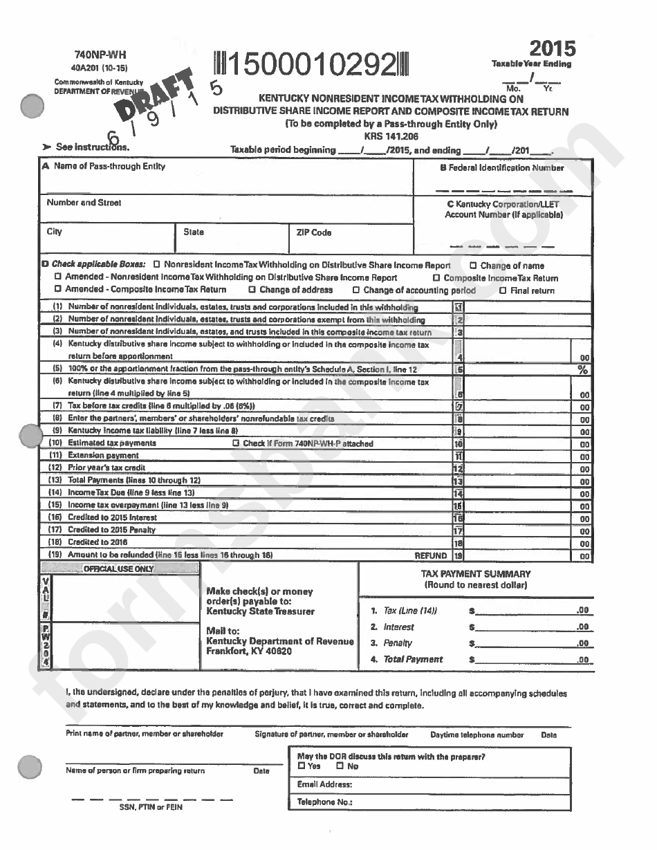 Form 740np-Wh - Kentucky Nonresident Income Tax Withholding On Distributive Share Income Report And Composite Income Tax Return - 2015