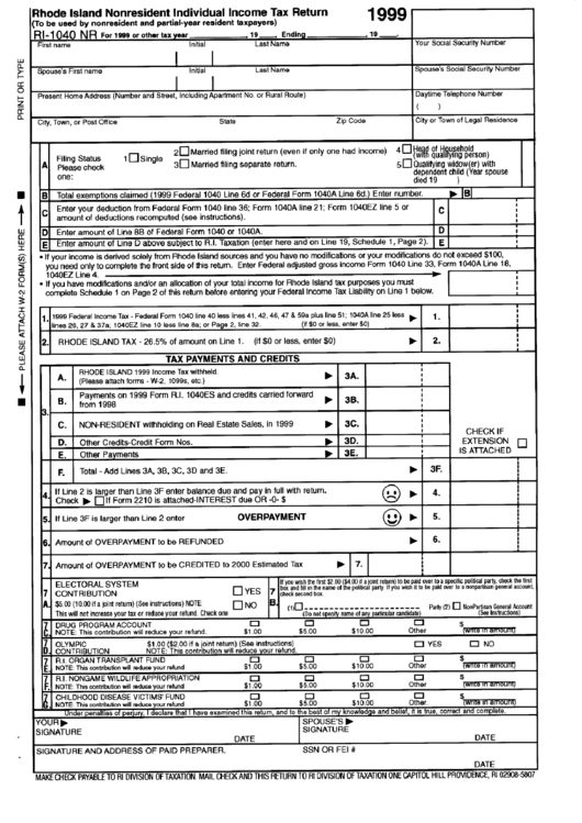 Form Ri-1040 Nr - Rhode Isalnd Nonresident Individual Income Tax Return - 1999 Printable pdf