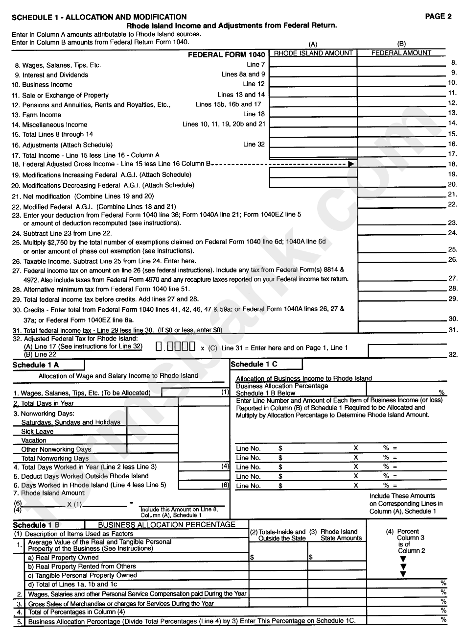 Form Ri-1040 Nr - Rhode Isalnd Nonresident Individual Income Tax Return - 1999