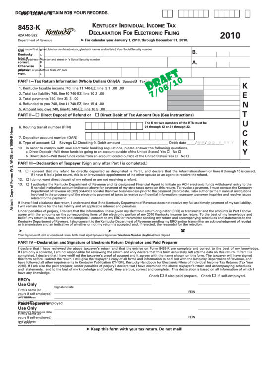 Form 8453-K Draft - Kentucky Individual Income Tax Declaration For Electronic Filing - 2010 Printable pdf